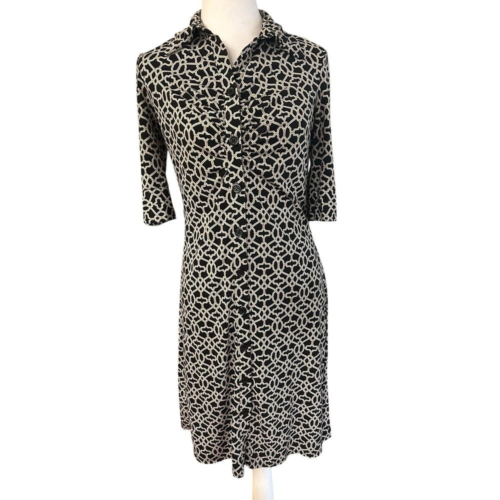 Laundry By Shelli Segal Button Front Dress Black Tan Geometric Design SZ 4